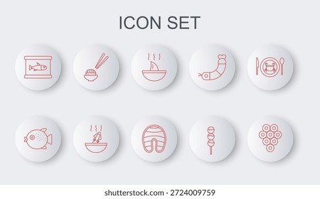 Set line Caviar, Pez globo, Sopa de aleta de tiburón, Takoyaki en palo, conservas, sushi, sopa con pulpo y icono de filete de pescado. Vector