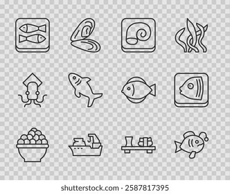 Set line Caviar, Tropical fish, Octopus on plate, Fishing boat, Canned, Shark, Sushi cutting board and head icon. Vector