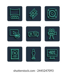 Set line CD disk award in frame, Movie trophy, Screen tv with 4k, Stereo speaker, Movie, film, media projector, Cinema auditorium screen and Retro cinema camera icon. Vector