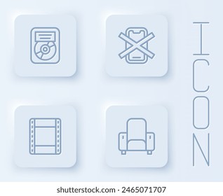 Set line CD disk award in frame, No cell phone, Play video and Cinema chair. White square button. Vector