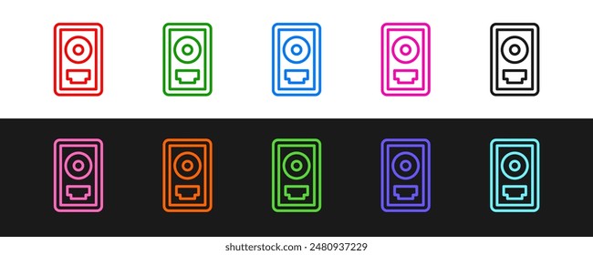 Set line CD disk award in frame icon isolated on black and white background. Modern ceremony. Best seller. Musical trophy.  Vector