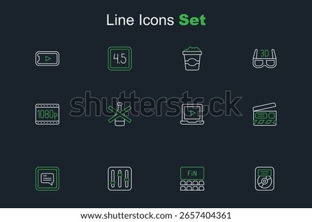 Set line CD disk award in frame, Cinema auditorium with screen, Sound mixer controller, Video subtitles, Movie clapper, Online play video, No alcohol and Full HD 1080p icon. Vector