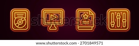 Set line CD disk award in frame, Online play video, Scenario and Sound mixer controller. Glowing neon icon. Vector