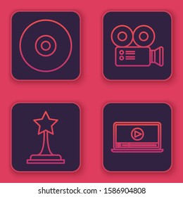 Set line CD or DVD disk , Movie trophy , Cinema camera  and Online play video . Blue square button. Vector