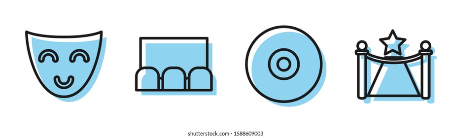 Set line CD or DVD disk , Comedy theatrical mask , Cinema auditorium with screen and seats  and Carpet with barriers and star  icon. Vector