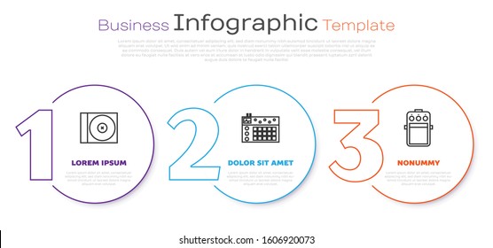 Set line CD or DVD disk, Drum machine and Guitar pedal. Business infographic template. Vector