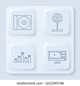 Set line CD or DVD disk, Music stand, Music equalizer and Video recorder or editor software on monitor. White square button. Vector