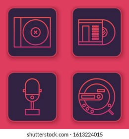 Set line CD or DVD disk, Microphone, Vinyl disk and Music CD player. Blue square button. Vector