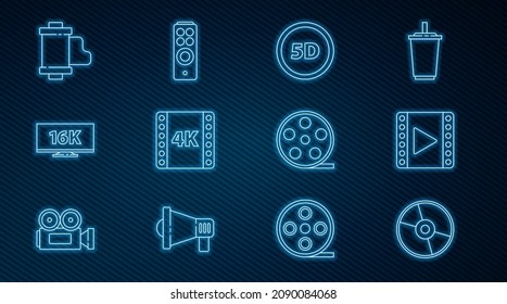 Set line CD or DVD disk, Play Video, 5d virtual reality, 4k movie, tape, frame, Screen tv with 16k, Camera vintage film roll cartridge, Film reel and Remote control icon. Vector
