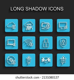 Set line CD or DVD disk with lock, Retro wall watch, Cloud computing, Cyber security, Wifi locked, Shield and Open padlock icon. Vector