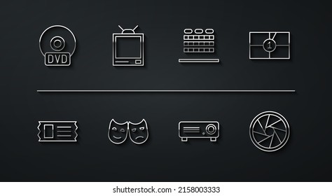 Set line CD or DVD disk, Cinema ticket, Old film movie countdown frame, Movie, film, media projector, Comedy and tragedy masks, Retro tv, Camera shutter and auditorium with seats icon. Vector