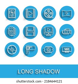 Set line CD or DVD disk, Cinema camera, award frame, ticket, Screen tv with 16k, Play Video,  and Online play video icon. Vector