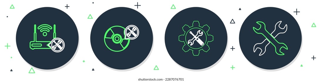 Set line CD or DVD disk service, Wrench and screwdriver in gear, Router wi-fi with and Crossed wrenchs icon. Vector