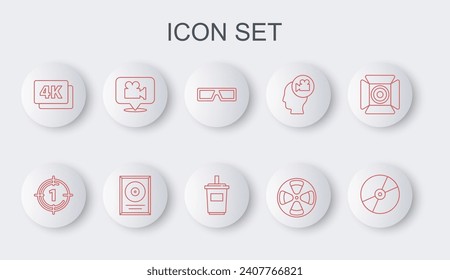 Set line CD or DVD disk, Old film movie countdown frame, 3D cinema glasses, Film reel, 4k Ultra HD, Camera and location, award and Paper with water icon. Vector