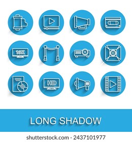 Set line CD or DVD disk, Smart display with HD video, Camera vintage film roll cartridge, Megaphone, Play Video, Carpet barriers, Movie spotlight and Movie, film, media projector icon. Vector