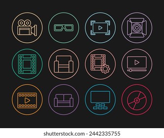 Set line CD or DVD disk, Online play video, Cinema chair, Play Video, camera,  and 3D cinema glasses icon. Vector