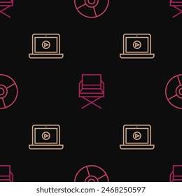 Set line CD or DVD disk, Online play video and Director movie chair on seamless pattern. Vector