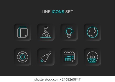 Set line CD or DVD disk, School timetable, Ringing bell, Gear, Earth globe, Creative lamp light idea, Test tube and File document icon. Vector