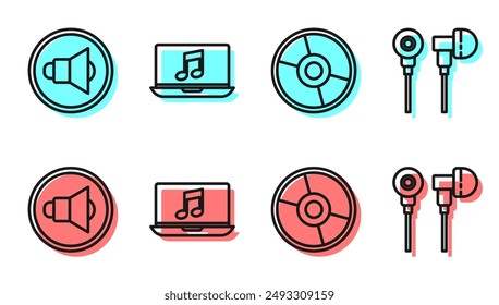 Ajuste la línea CD o DVD disco, volumen del altavoz, portátil con nota de música y auriculares de aire icono. Vector