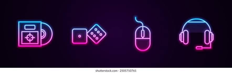 Set line CD or DVD disk in box, Game dice, Computer mouse and Headphones. Glowing neon icon. Vector