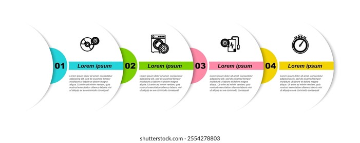 Set line CD or DVD disk setting, Washer, Power bank and Stopwatch. Business infographic template. Vector