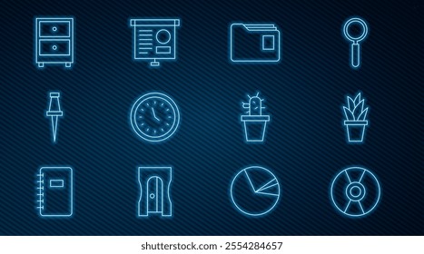 Set line CD or DVD disk, Plant in pot, Document folder, Clock, Push pin, Drawer with documents, Cactus and succulent and Chalkboard diagram icon. Vector