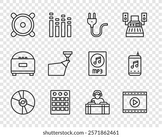 Set line CD or DVD disk, Online play video, Electric plug, Drum machine, Stereo speaker, Movie spotlight, DJ playing music and Music player icon. Vector