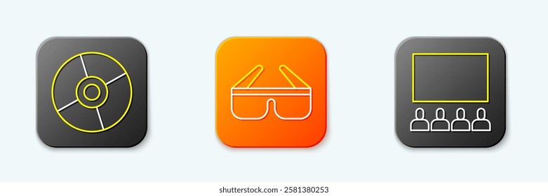 Set line CD or DVD disk, 3D cinema glasses and Cinema auditorium with screen icon. Vector