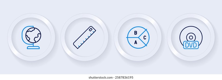 Set line CD or DVD disk, Pie chart infographic, Ruler and Earth globe icon. Vector