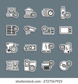 Ajuste de línea de CD o DVD, banco de energía, horno de microondas, cronómetro, cámara de seguridad, servidor, enrutador y wi-fi e icono. Vector