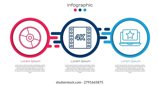 Set line CD or DVD disk, 4k movie, tape, frame and Laptop with star. Business infographic template. Vector
