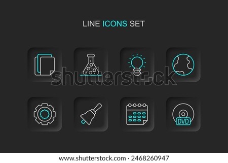 Set line CD or DVD disk, School timetable, Ringing bell, Gear, Earth globe, Creative lamp light idea, Test tube and File document icon. Vector