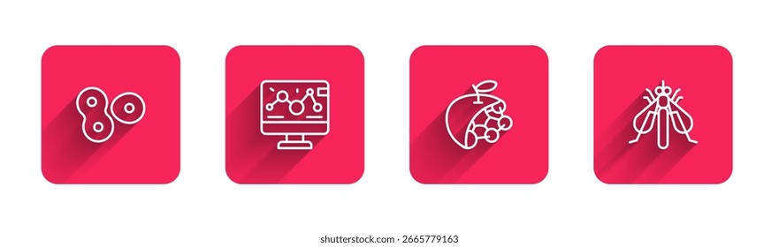 Definir linha Divisão celular, Modificação de engenharia genética, Estrutura biológica e inseto experimental com sombra longa. Botão quadrado vermelho. Vetor