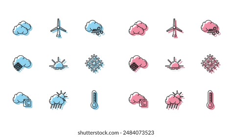 Set line Celsius and cloud, Cloud with rain sun, Thermometer, Sunrise, Snowflake, snow and Wind turbine icon. Vector