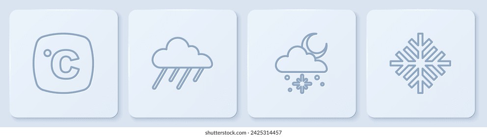 Fija la línea Celsius, Nube con nieve y sol, lluvia y Copo de Nieve. Botón cuadrado blanco. Vector
