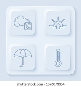 Set line Celsius and cloud, Sunrise, Classic elegant opened umbrella and Thermometer. White square button. Vector
