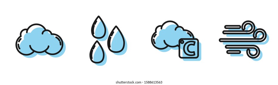 Set line Celsius and cloud, Cloud, Water drop and Wind icon. Vector