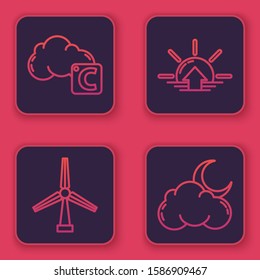 Set line Celsius and cloud, Wind turbine, Sunrise and Cloud with moon and stars. Blue square button. Vector