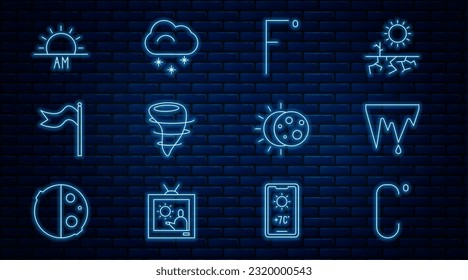 Set line Celsius, Icicle, Fahrenheit, Tornado, Meteorology windsock wind vane, Sunrise, Eclipse of the sun and Cloud with snow icon. Vector
