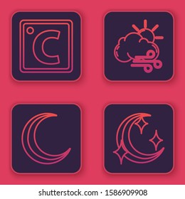 Set line Celsius, Moon and stars, Windy weather and Moon and stars. Blue square button. Vector