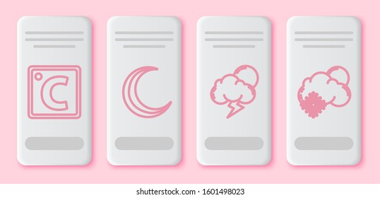Set line Celsius, Moon and stars, Storm and Cloud with snow and sun. White rectangle button. Vector