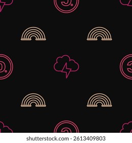 Set line Celsius, Rainbow and Storm on seamless pattern. Vector