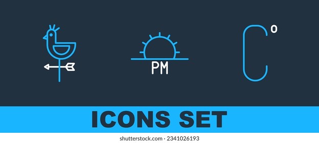 Set line Celsius, Rooster weather vane and Sunset icon. Vector