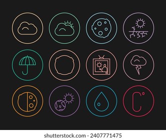 Fijar línea Celsius, Storm, Moon, Umbrella, Cloud, pronóstico meteorológico e icono de sol y nube. Vector