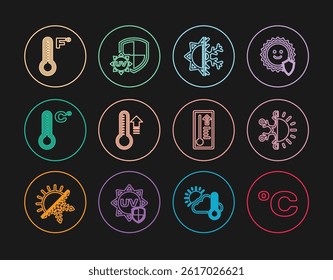 Set line Celsius, Sun and snowflake, Meteorology thermometer,  and UV protection icon. Vector