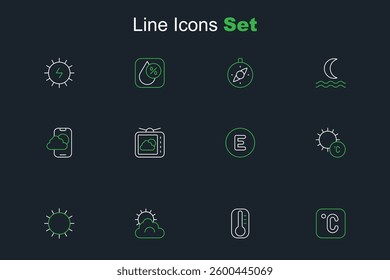Set line Celsius, Thermometer, Sun and cloud weather, Compass west, Weather forecast and app icon. Vector