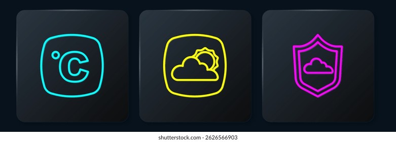 Set line Celsius, Weather forecast and . Black square button. Vector