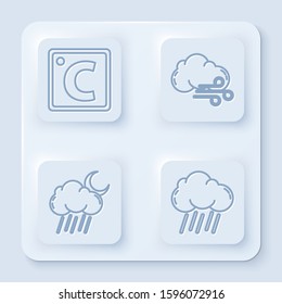 Set line Celsius, Windy weather, Cloud with rain and moon and Cloud with rain. White square button. Vector