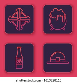 Set line Celtic cross, Beer bottle with four leaf clover, Witch cauldron and Leprechaun hat. Blue square button. Vector