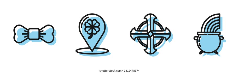 Set line Celtic cross, Bow tie, Location and four leaf clover and Witch cauldron and rainbow icon. Vector